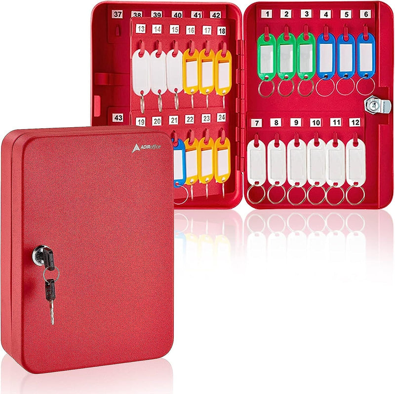 AdirOffice 48-Key Cabinet with Key Lock and Key Tags, Red (681-48-RED-PKG)