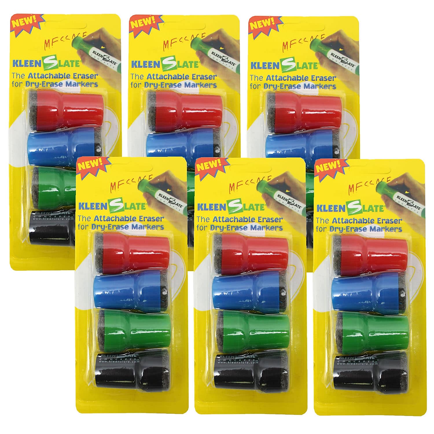 KleenSlate Large Barrel Attachable Eraser Caps for Dry Erase Markers, Assorted Colors, 4 Per Pack, 6 Packs (KLS0832-6)