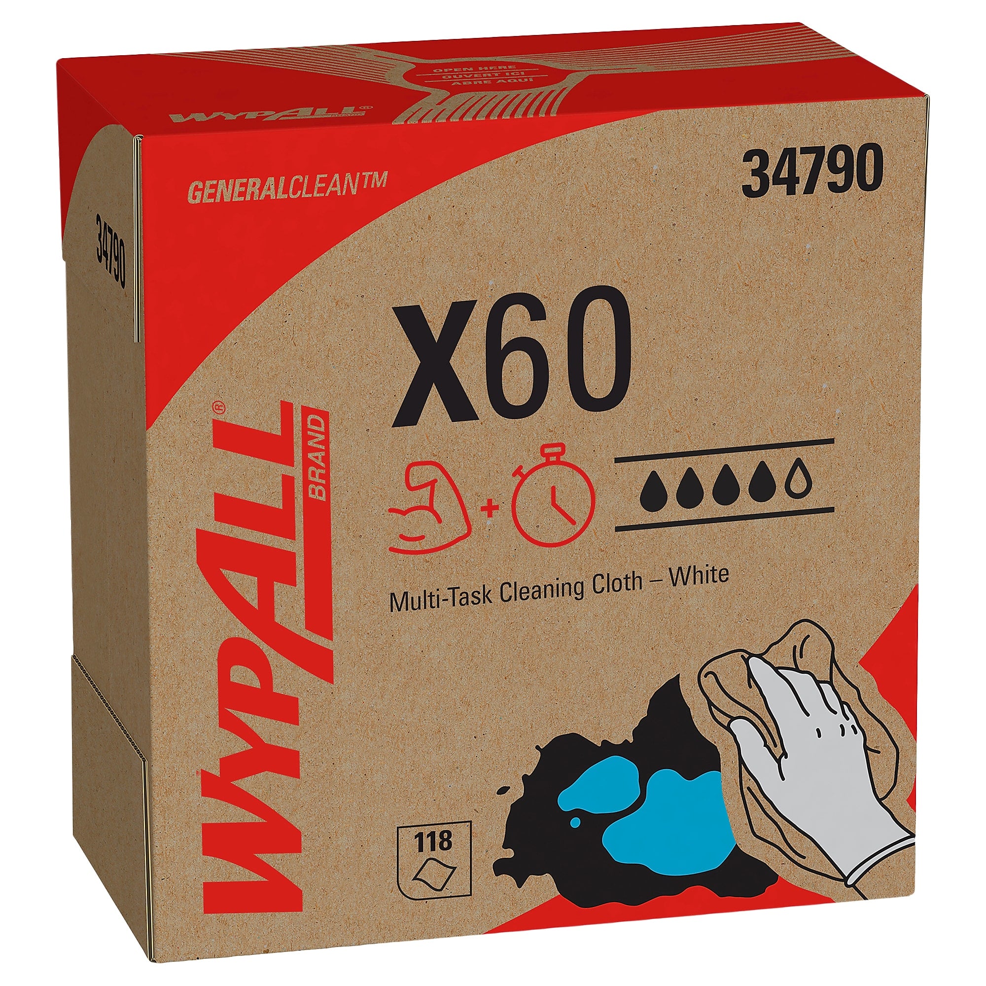 WypAll GeneralClean X60 Fabric Cleaning Wipers, 16.8" x 9.1", White, 118 Wipers/Box (34790)