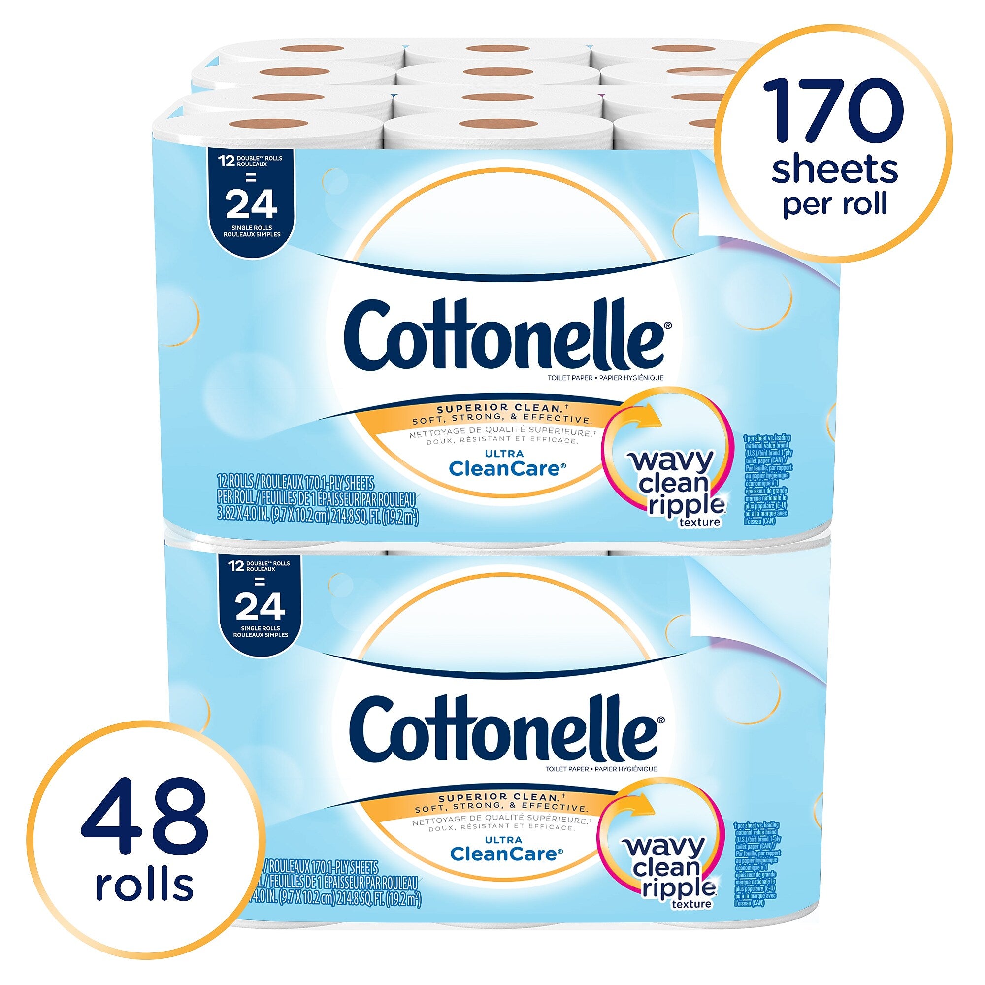 Cottonelle Ultra CleanCare Toilet Paper, 1-ply, White, 170 Sheets/Roll, 48 Rolls/Case (12456)