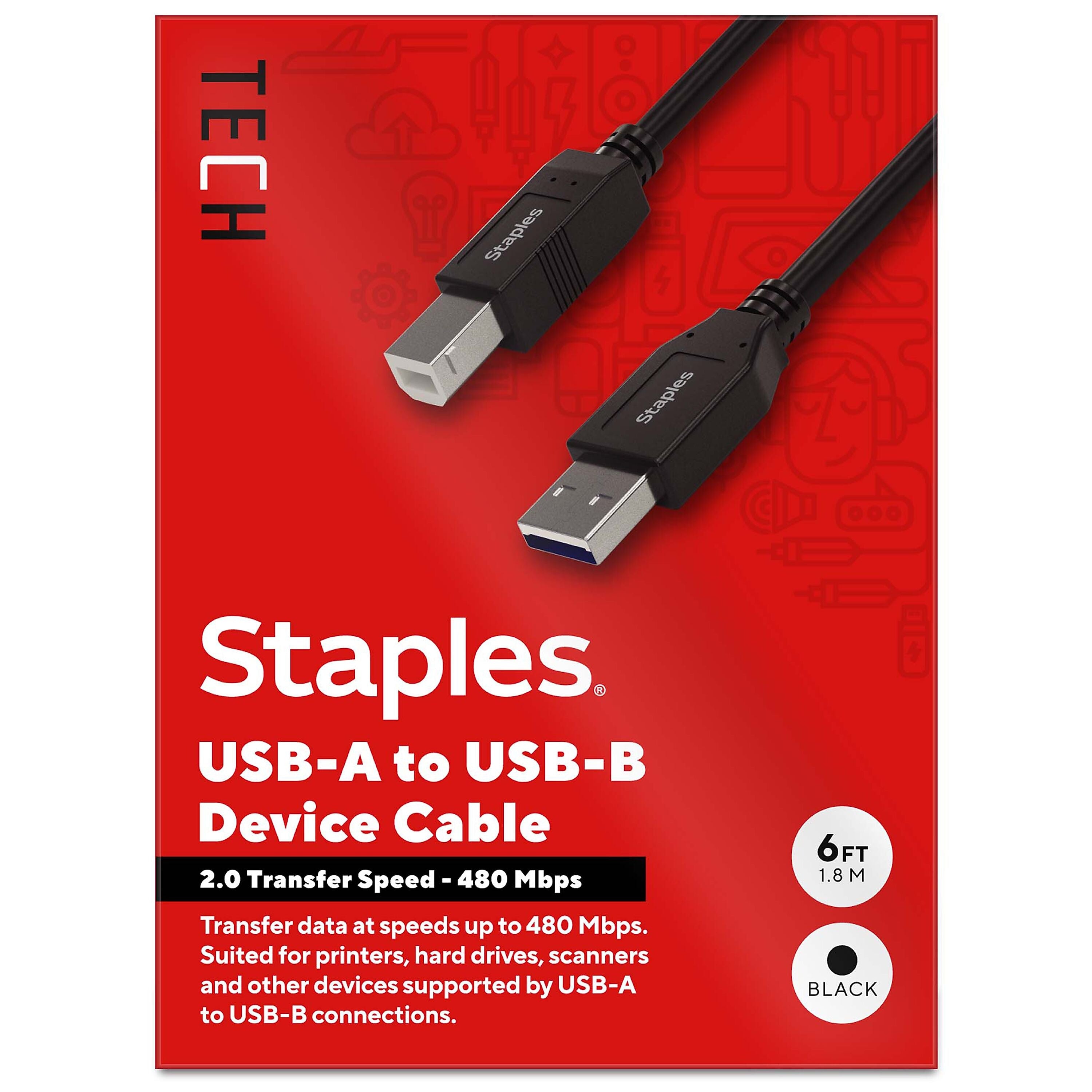 Staples TECH 6 ft. USB-A to USB-B 2.0 Cable, Male to Male, Black (ST62438)