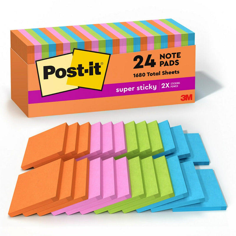 Post-it Super Sticky Notes, 3" x 3", Energy Boost Collection, 70 Sheet/Pad, 24 Pads/Pack (65424SSAUCP)