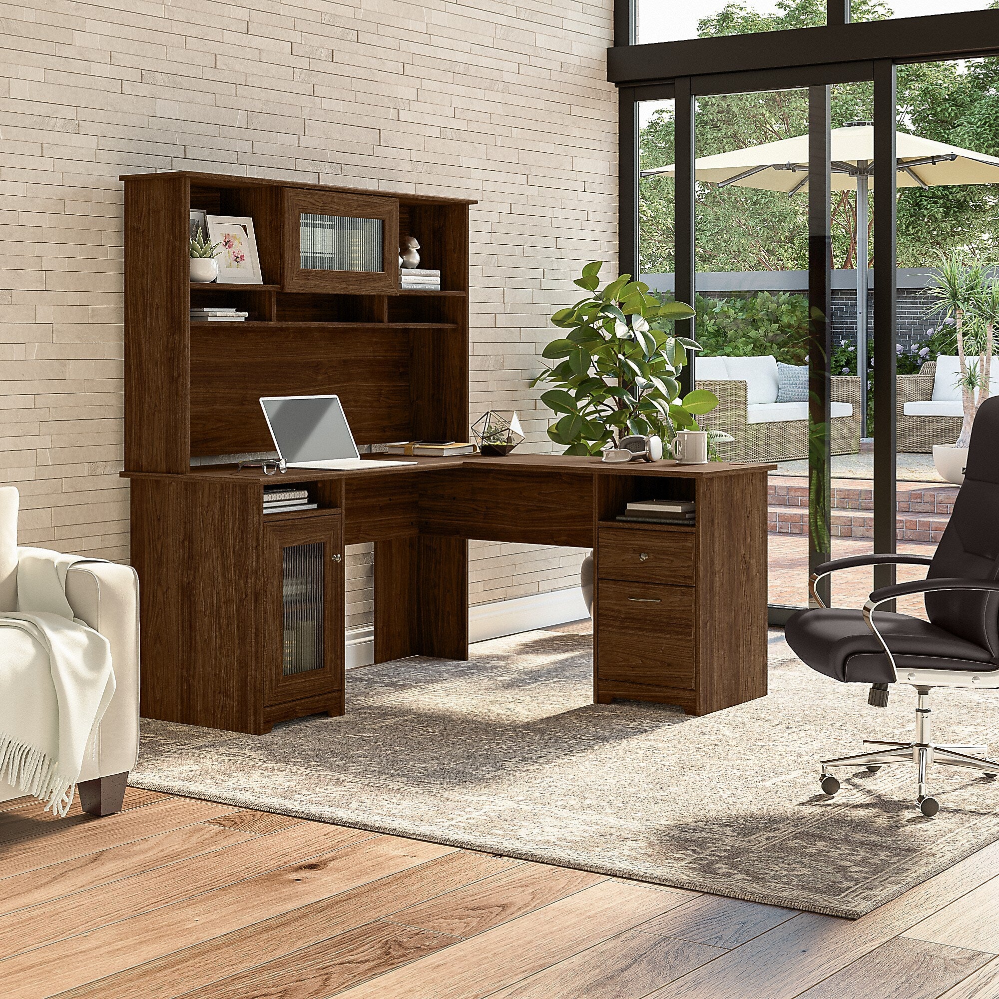 Bush Furniture Cabot 60"W L Shaped Computer Desk with Hutch and Storage, Modern Walnut (CAB001MW)