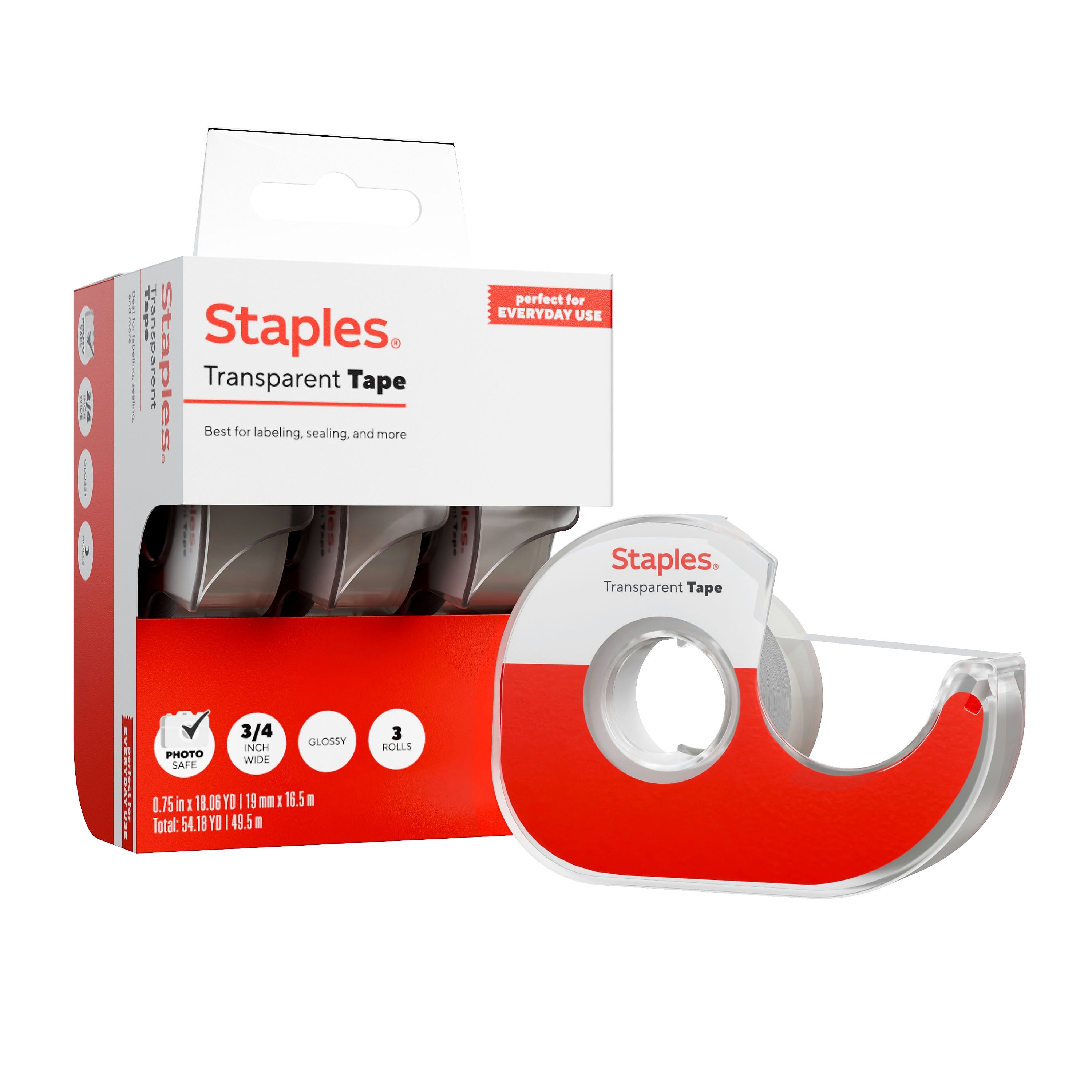 Staples Transparent Tape with Dispenser, 3/4" x 18.06 yds., 3 Rolls/Pack (ST62855)