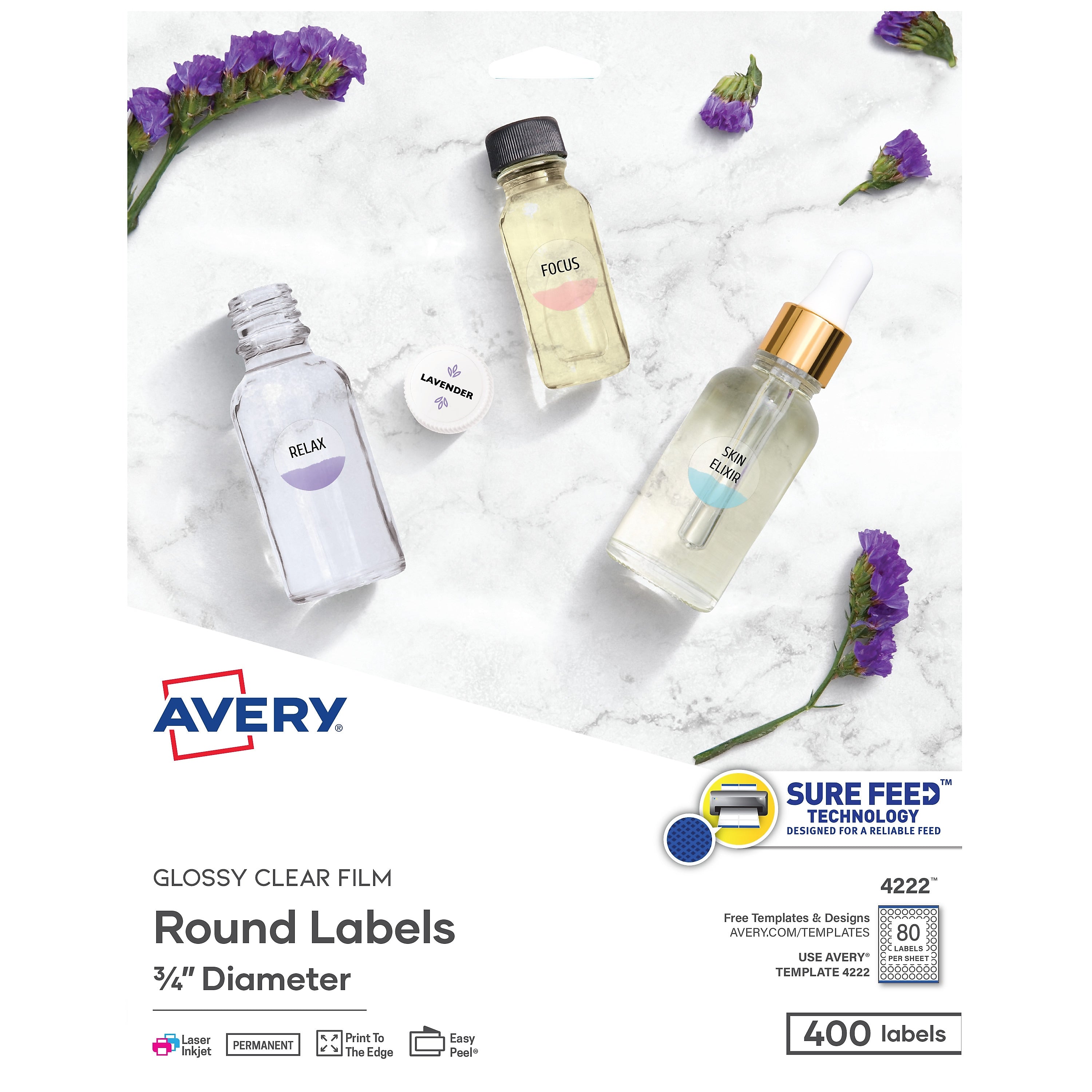 Avery Easy Peel Laser/Inkjet Round Labels, 3/4" Dia, Glossy Clear, 400 Labels/Pack (4222)