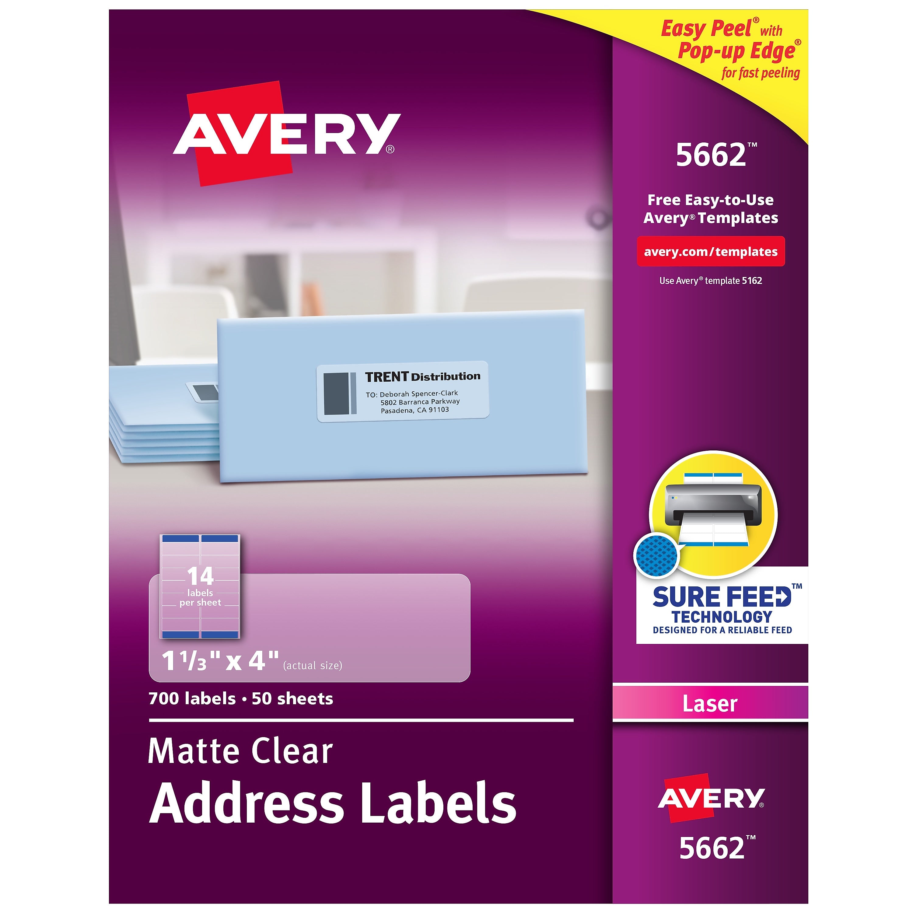 Avery Easy Peel Laser Address Labels, 1-1/3" x 4", Clear, 700 Labels/Box (5662)