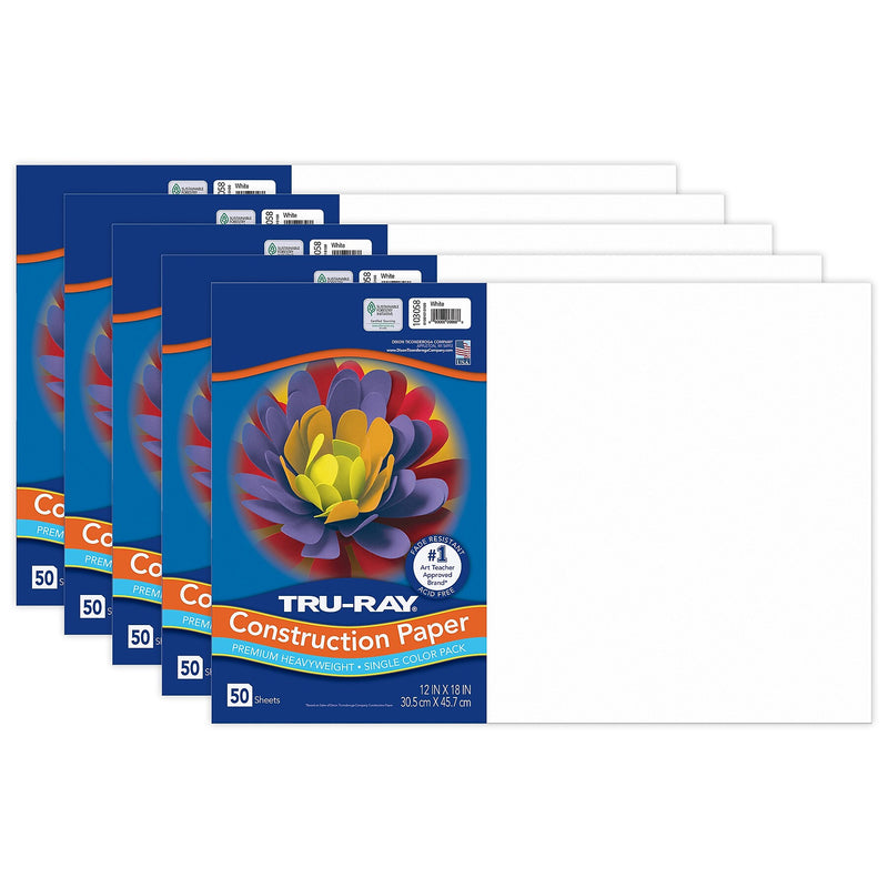 Tru-Ray 12" x 18" Construction Paper, White, 50 Sheets/Pack, 5 Packs/Bundle (PAC103058-5)