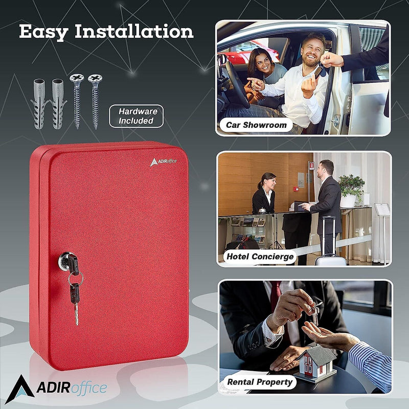 AdirOffice 48-Key Cabinet with Key Lock and Key Tags, Red (681-48-RED-PKG)