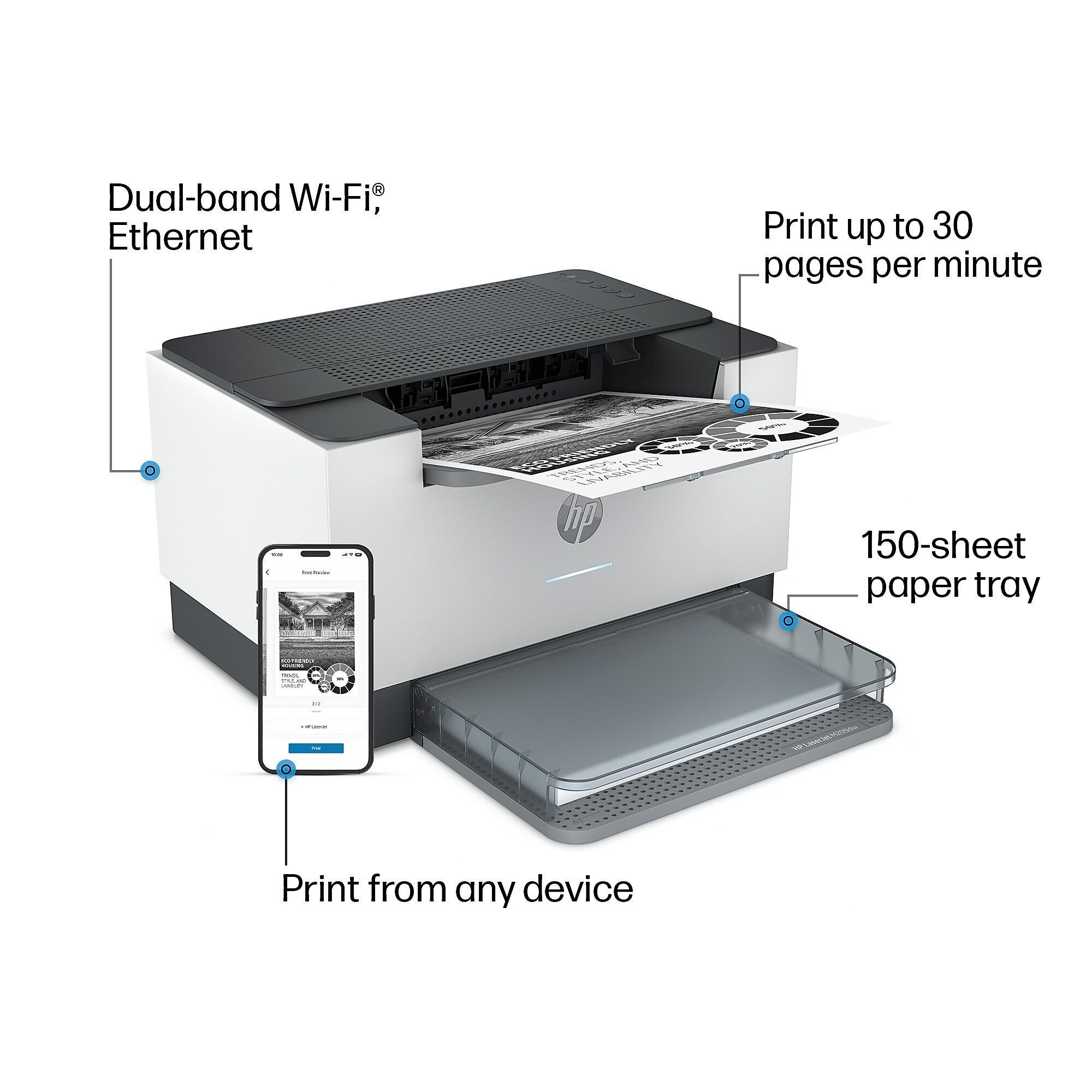 HP LaserJet M209dw Wireless Black & White Laser Printer, Single-Function, Print, Best for Home Office (6GW62F)