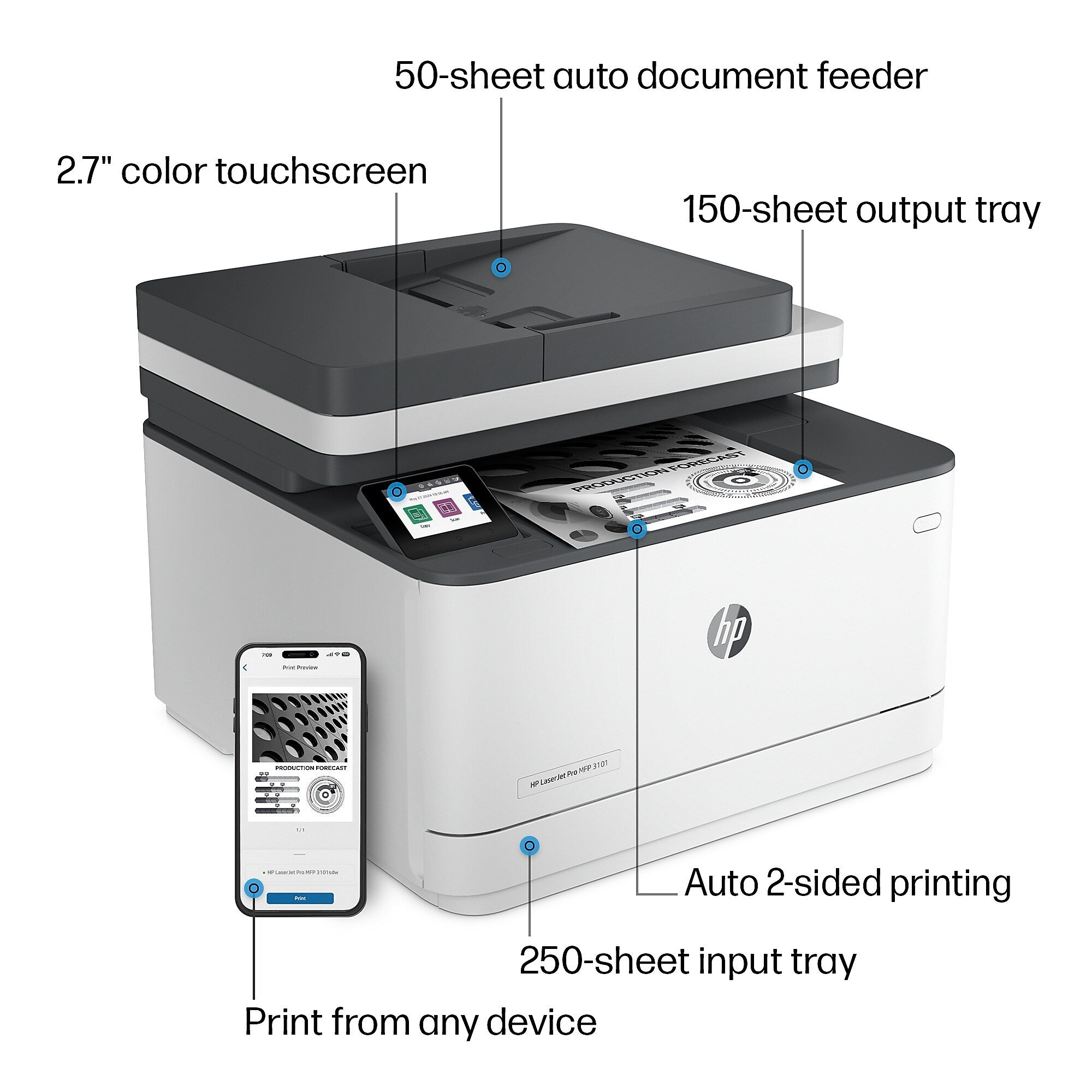 HP LaserJet Pro MFP 3101sdw Wireless Black & White All-in-One Laser Printer, Scanner, Copier, Best for Office (9D2X4F)