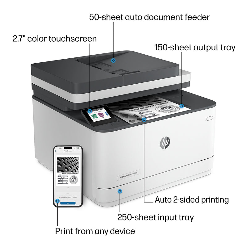 HP LaserJet Pro MFP 3101sdw Wireless Black & White All-in-One Laser Printer, Scanner, Copier, Best for Office (9D2X4F)