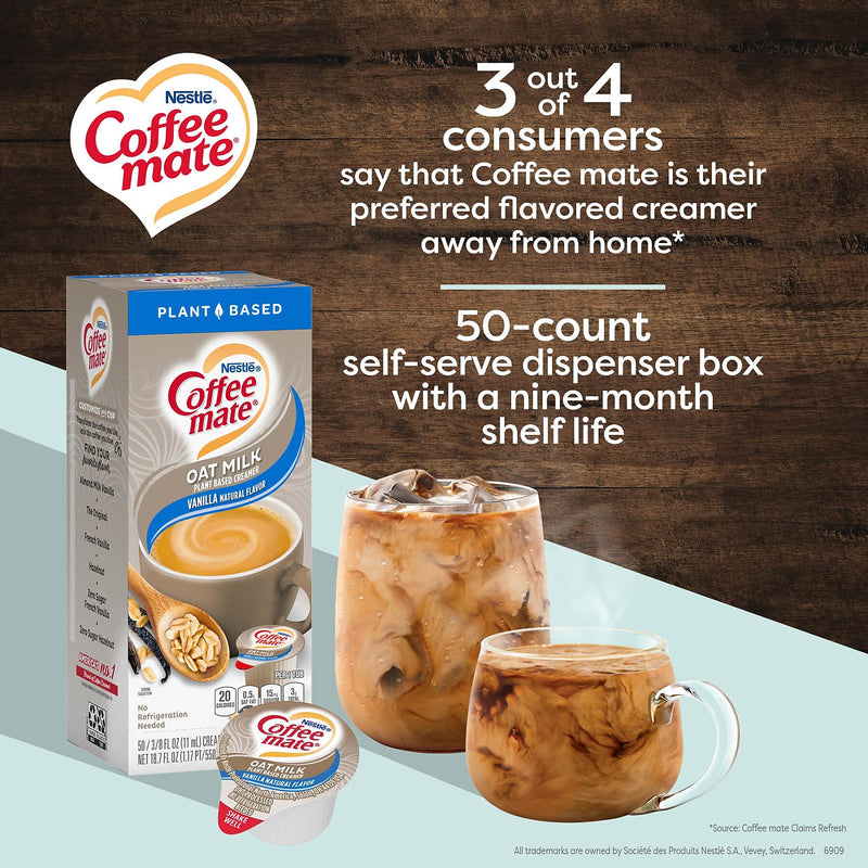 Coffee mate Oat Milk Liquid Creamer Singles, Plant-Based, 0.38 oz., 50/Box, 4 Boxes/Carton (NES19891CT)