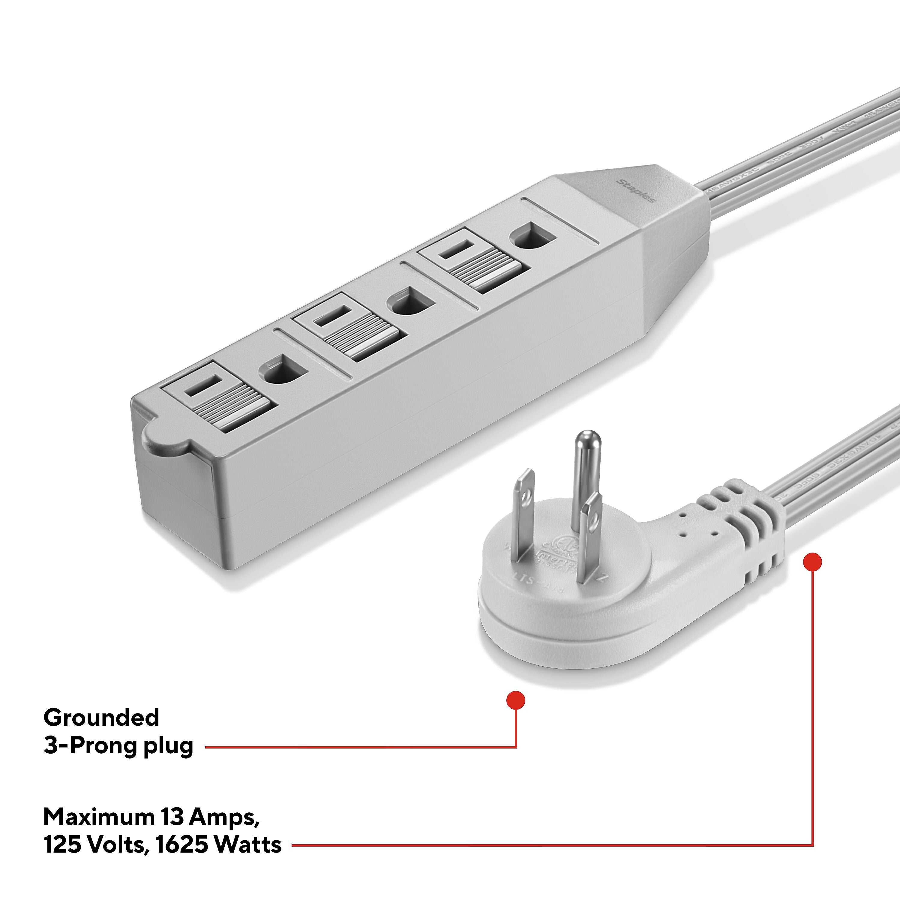 Staples TECH 15' Extension Cord, 3-Outlet, 16 AWG, Gray (ST22130-CC)