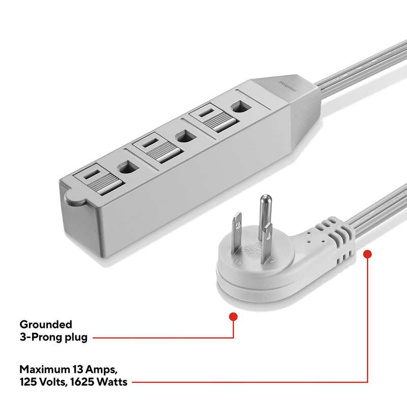 Staples TECH 15' Extension Cord, 3-Outlet, 16 AWG, Gray (ST22130-CC)