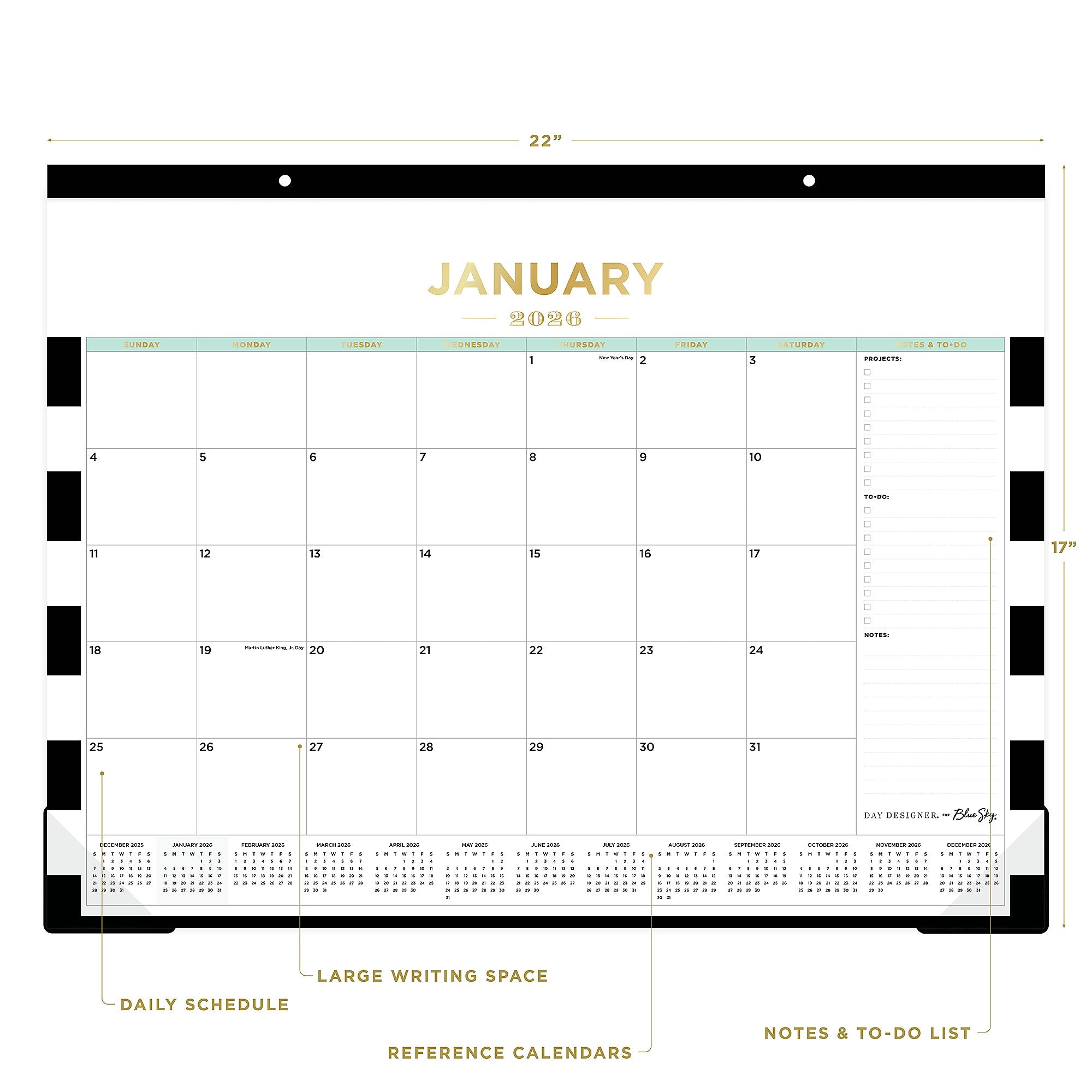 2026 Day Designer for Blue Sky Rugby Stripe 22" x 17" Monthly Desk Calendar (143895-26)