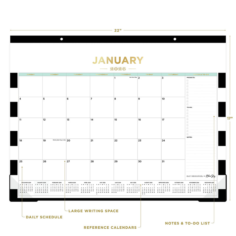 2026 Day Designer for Blue Sky Rugby Stripe 22" x 17" Monthly Desk Calendar (143895-26)