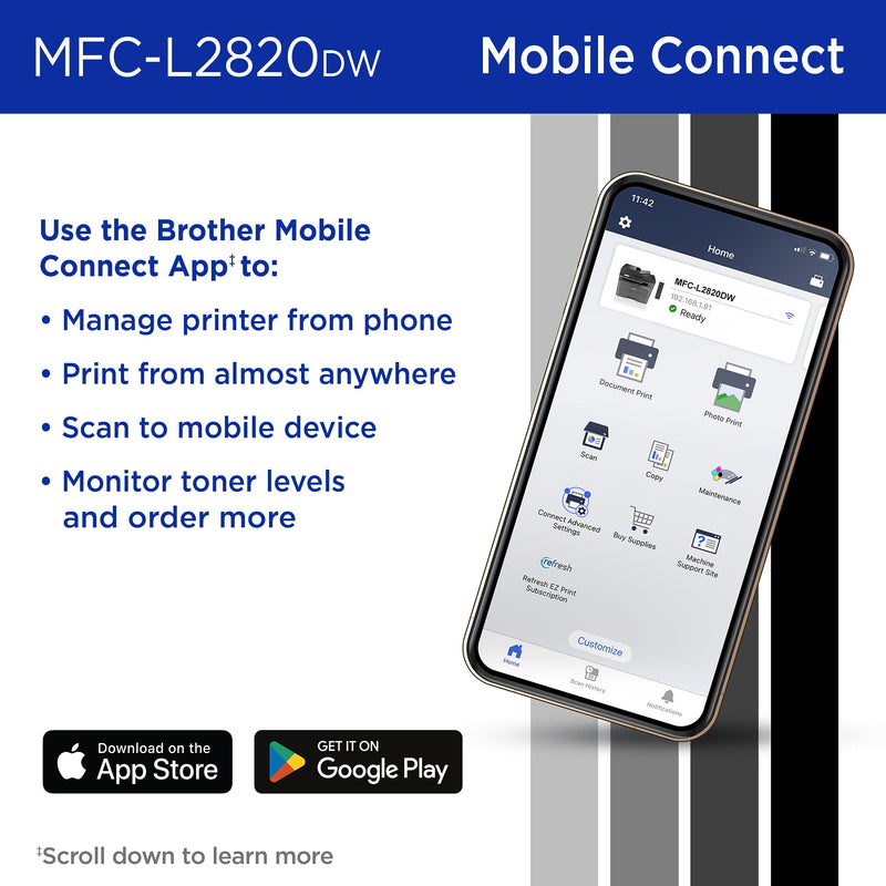 Brother MFC-L2820DW Compact Wireless Black & White Printer, All-In-One, Print, Scan, Copy, Fax, Refresh Subscription Ready