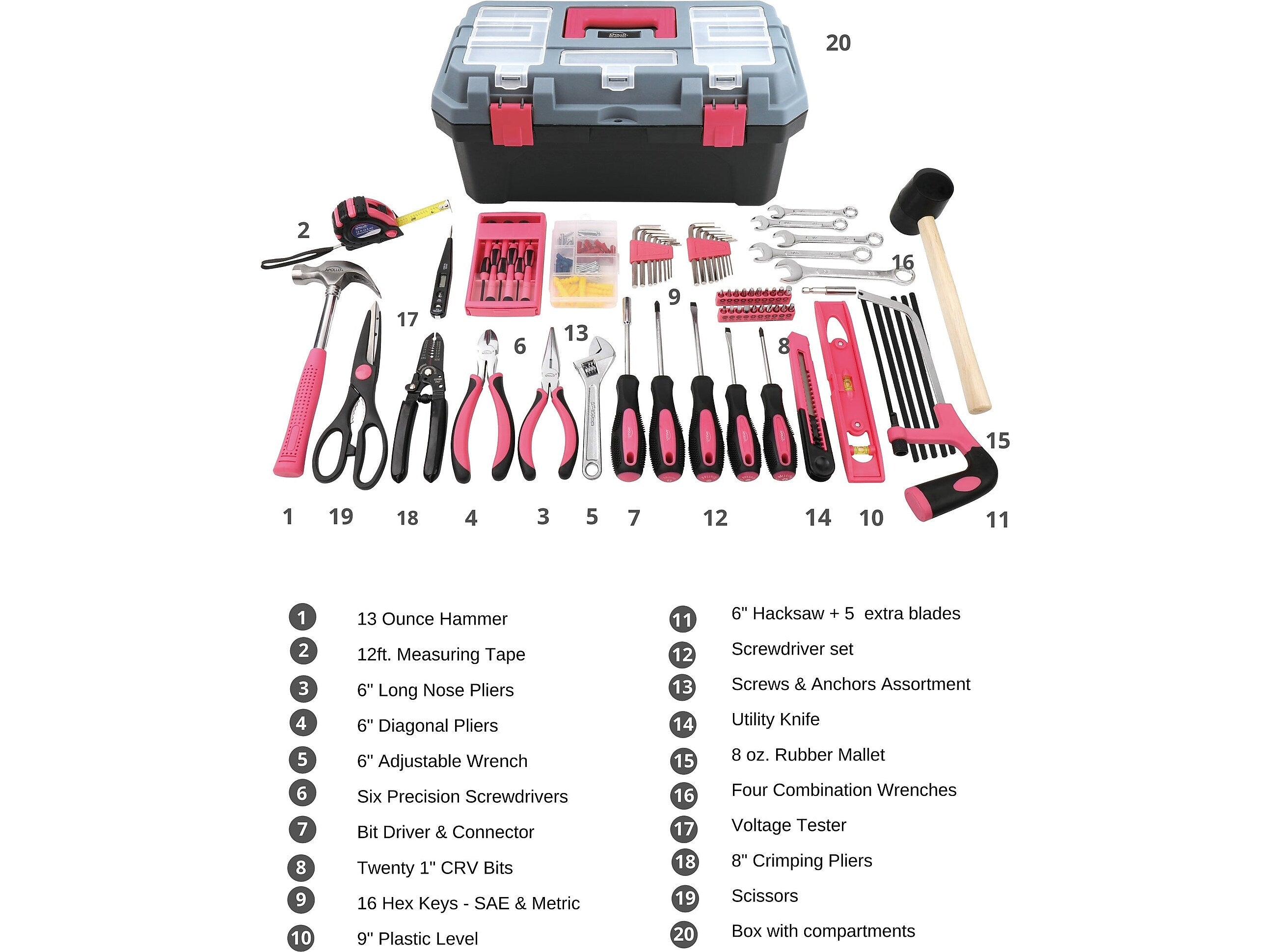 Apollo Tools Household Tool Kit, 170-Piece, Pink (DT7103P)