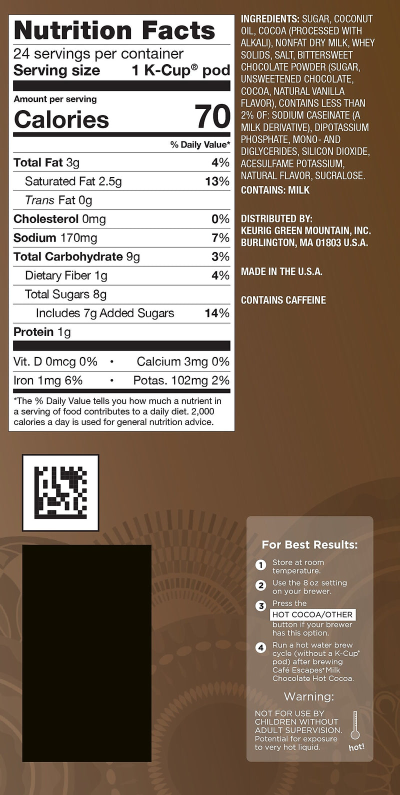 Cafe Escapes Milk Chocolate Hot Cocoa, Keurig® K-Cup® Pods, 96/Carton (68013)