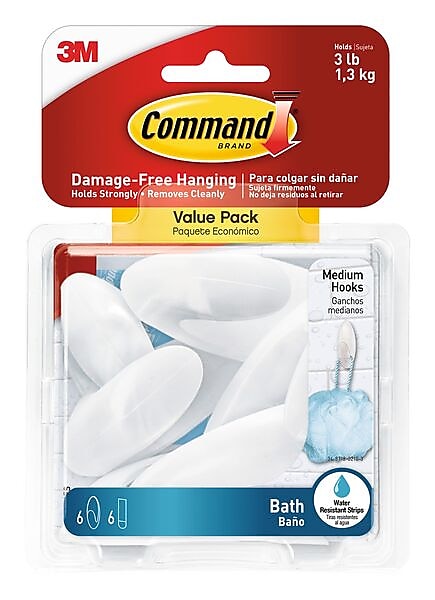 Command Medium Bath Hooks Value Pack, White, 6 Hooks (BATH18-6ES)