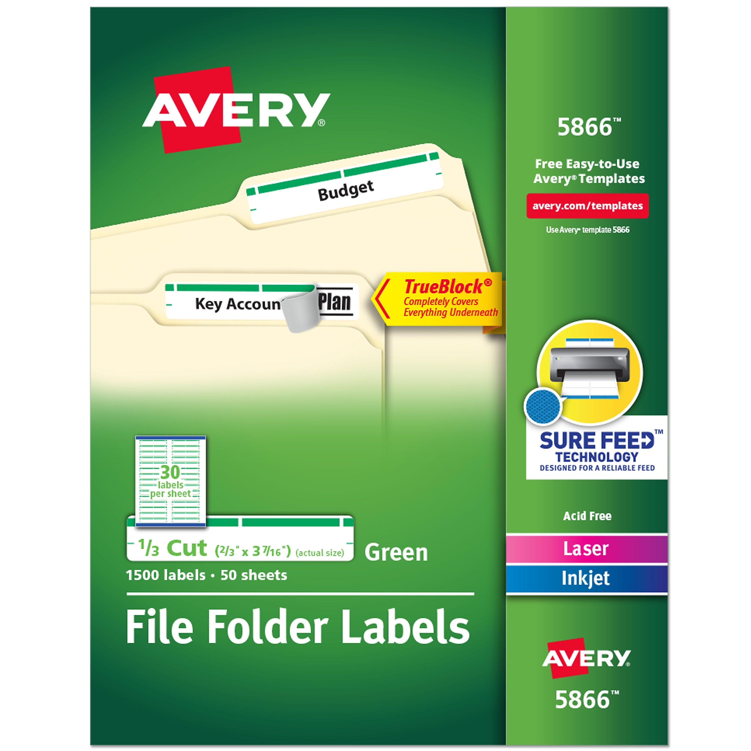 Avery TrueBlock Laser/Inkjet File Folder Labels, 2/3" x 3-7/16", White/Green, 1,500 Labels/Pack (5866)