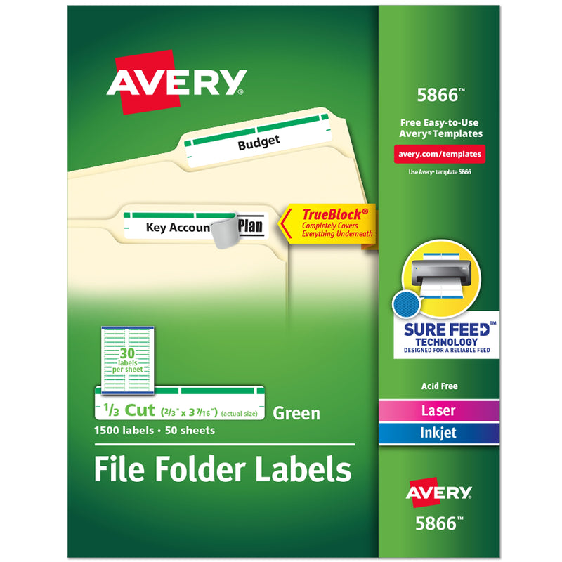 Avery TrueBlock Laser/Inkjet File Folder Labels, 2/3" x 3-7/16", White/Green, 1,500 Labels/Pack (5866)
