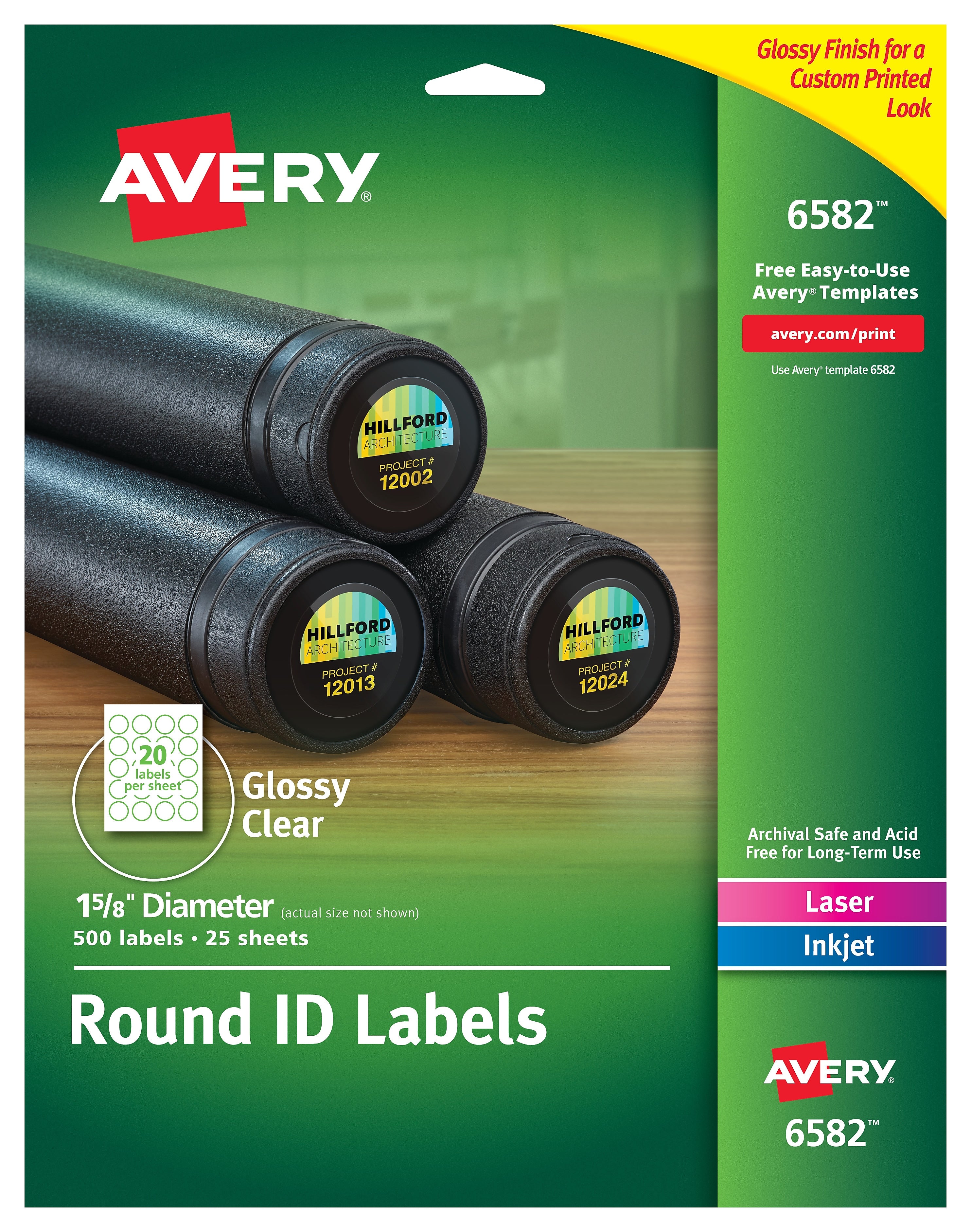 Avery Sure Feed Laser/Inkjet Print-to-the-Edge Labels, 1-5/8" Dia, Glossy Clear, 500 Labels/Pack (6582)