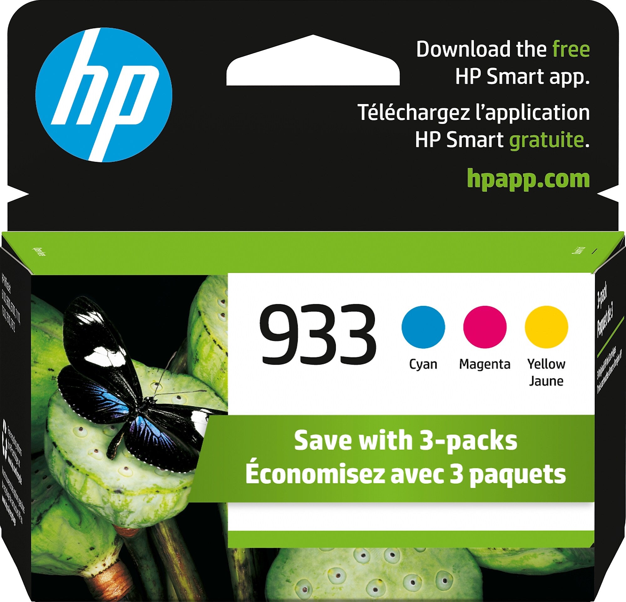 HP 933 Cyan/Magenta/Yellow Standard Yield Ink Cartridge, 3/Pack (N9H56FN#140)