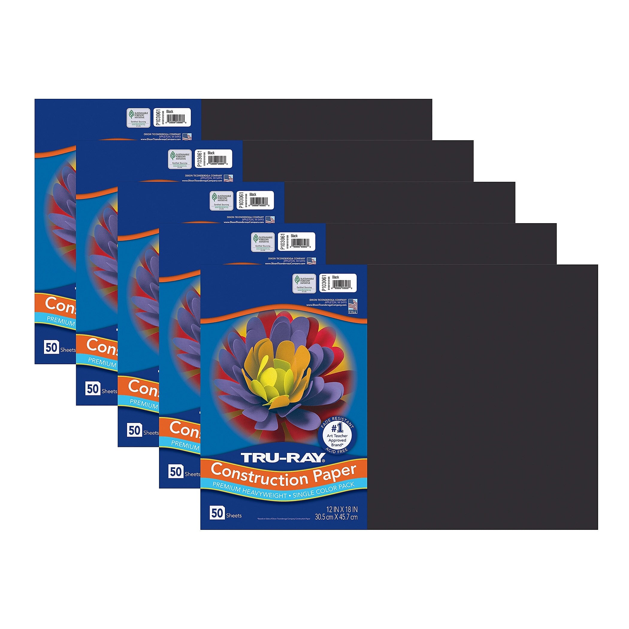 Tru-Ray 12" x 18" Construction Paper, Black, 50 Sheets/Pack, 5 Packs/Bundle (PAC103061-5)