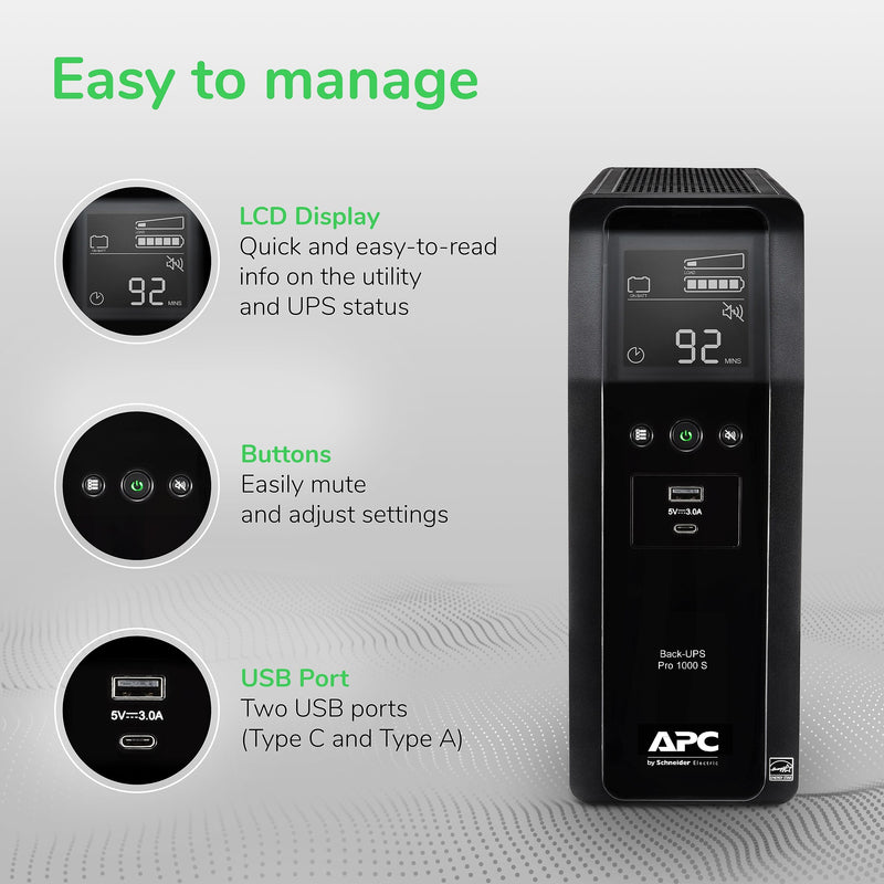 APC Series 1000VA Battery Backup 10-Outlet UPS, Black (BR1000MS)