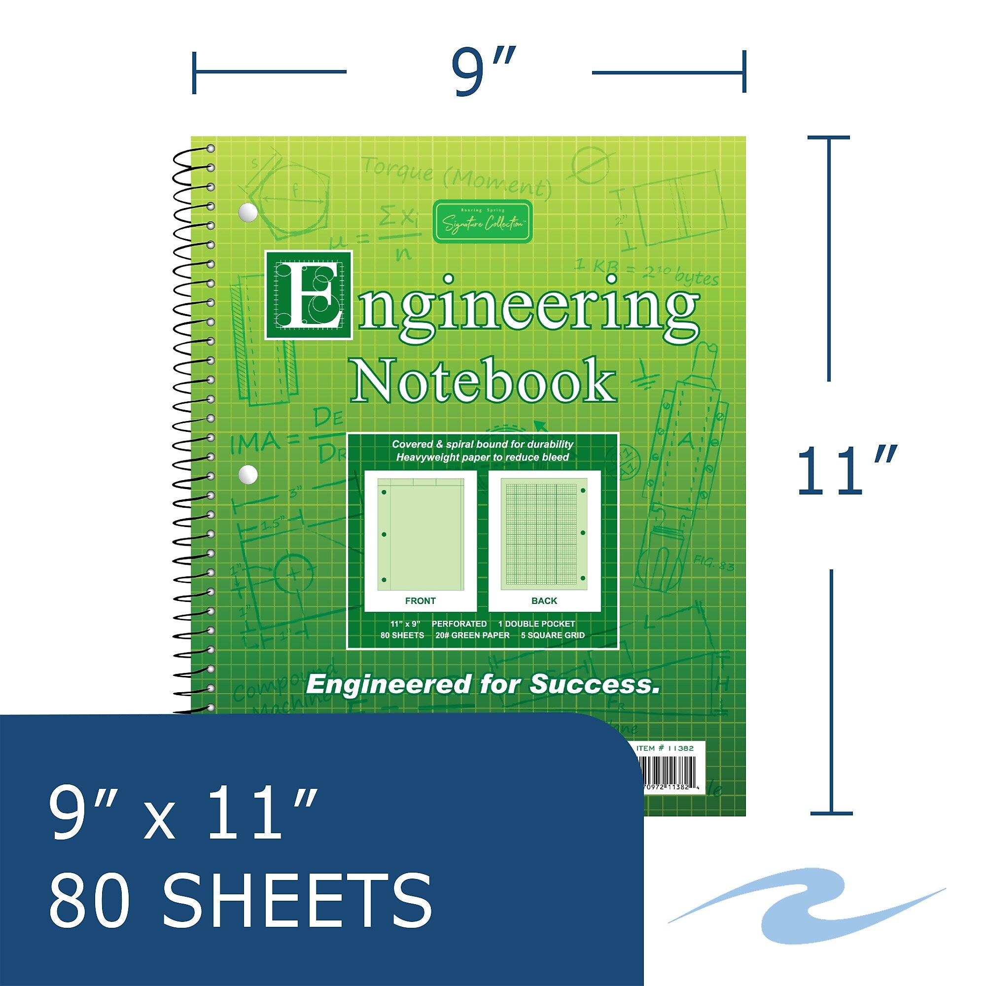 Roaring Spring Paper Products Signature 1-Subject Professional Notebooks, 8.5" x 11", Graph Ruled, 80 Sheets, Green (11382)