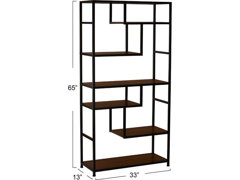 Household Essentials Jamestown 65" 6-Shelf Bookcase, Dark Brown Walnut/Black Laminate/Steel (8140-1)