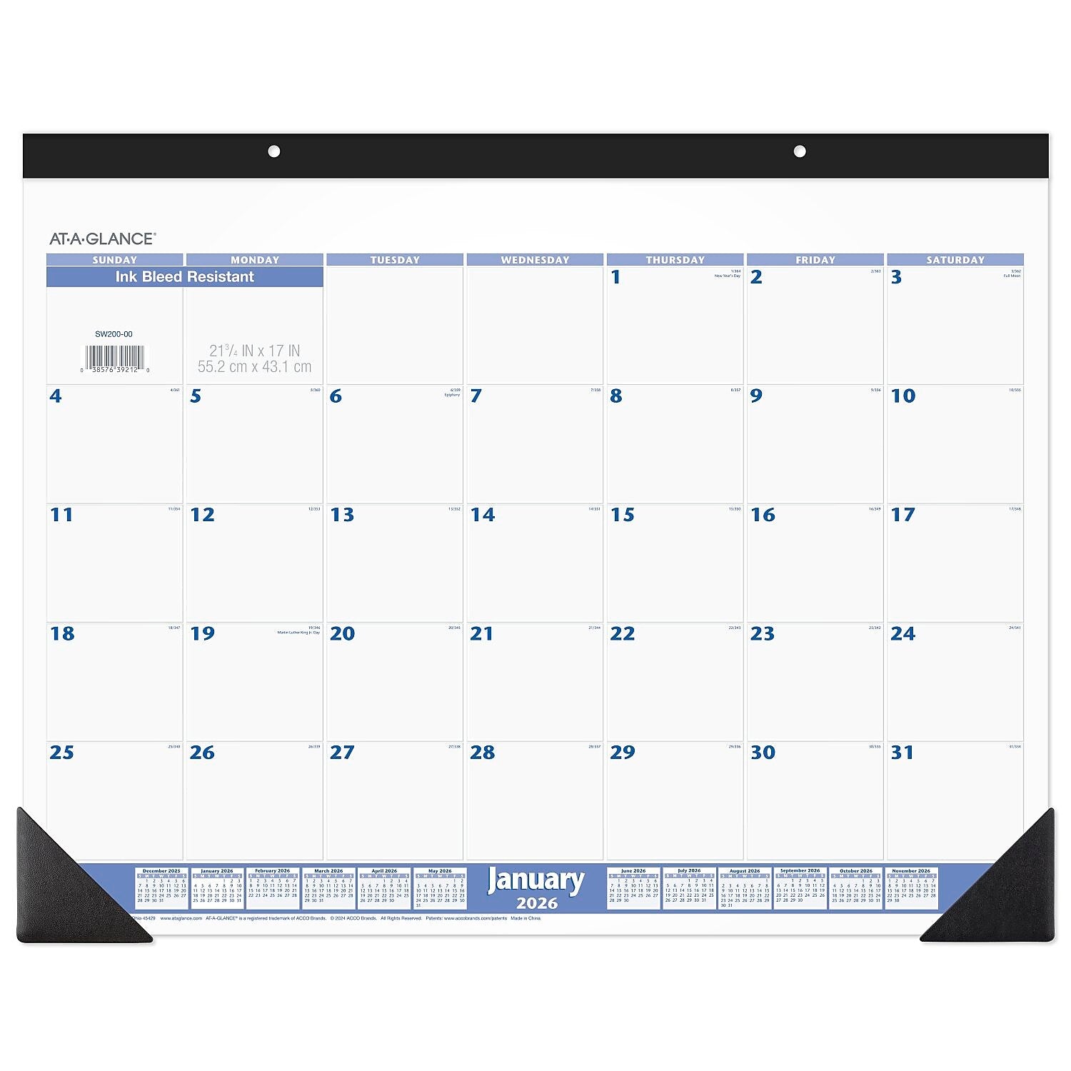 2026 AT-A-GLANCE 21.75" x 17" Monthly Desk Pad Calendar, White/Blue (SW200-00-26)