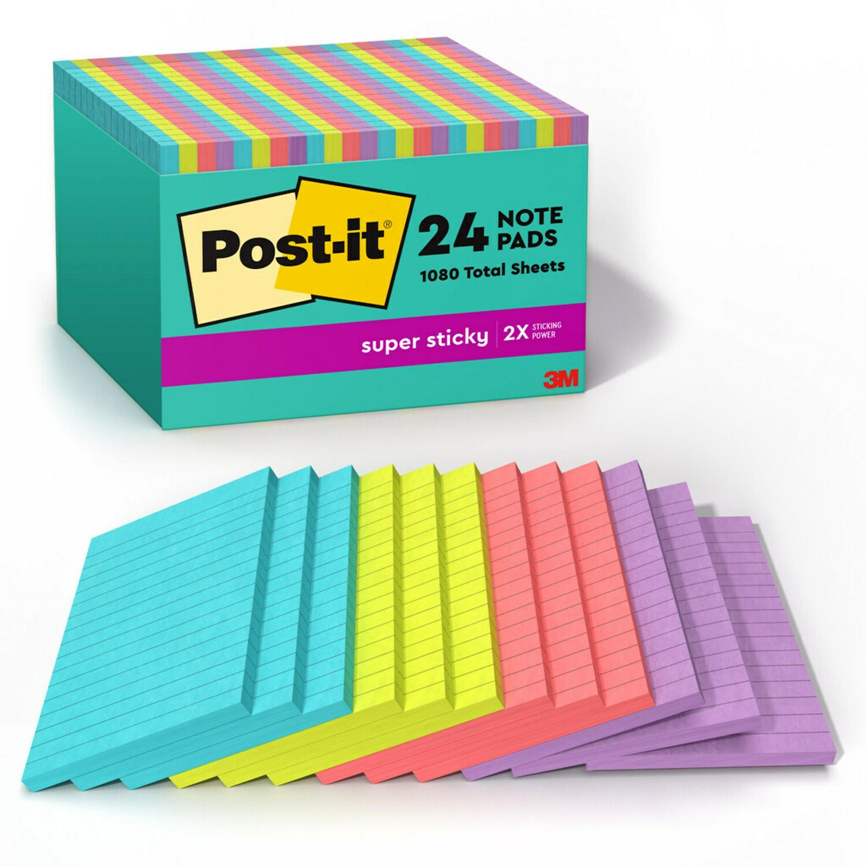 Post-it Super Sticky Notes, 4" x 6", Supernova Neons Collection, Lined, 45 Sheets/Pad, 24 Pads/Pack (660-24SSMIA-CP)