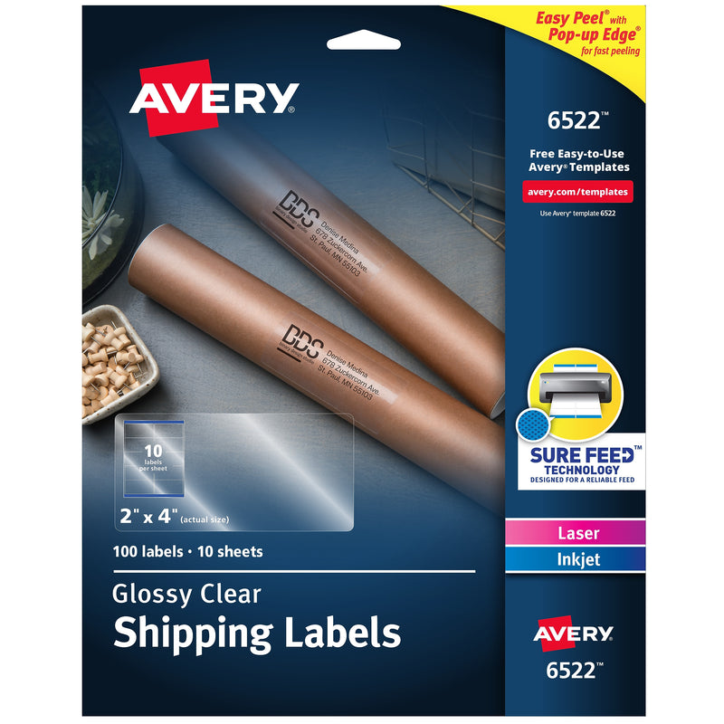 Avery Sure Feed Laser/Inkjet Shipping Labels, 2" x 4", Glossy Clear, 100 Labels/Box (6522)