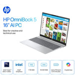 HP OmniBook 5 16" 2K AI Laptop, Intel Core Ultra 7 255U, 16GB RAM, 1TB SSD, +19.25 hours battery, Windows 11 Home