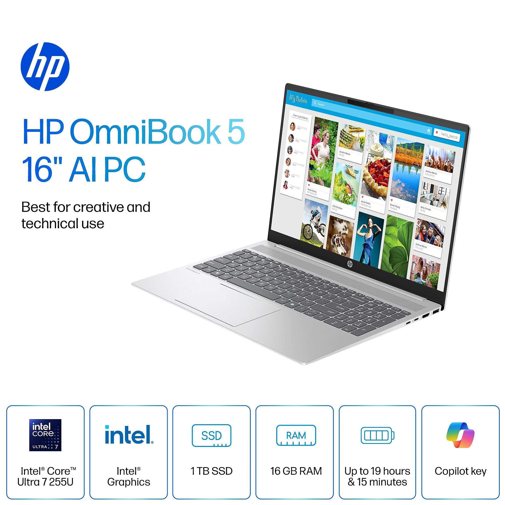 HP OmniBook 5 16" 2K AI Laptop, Intel Core Ultra 7 255U, 16GB RAM, 1TB SSD, +19.25 hours battery, Windows 11 Home