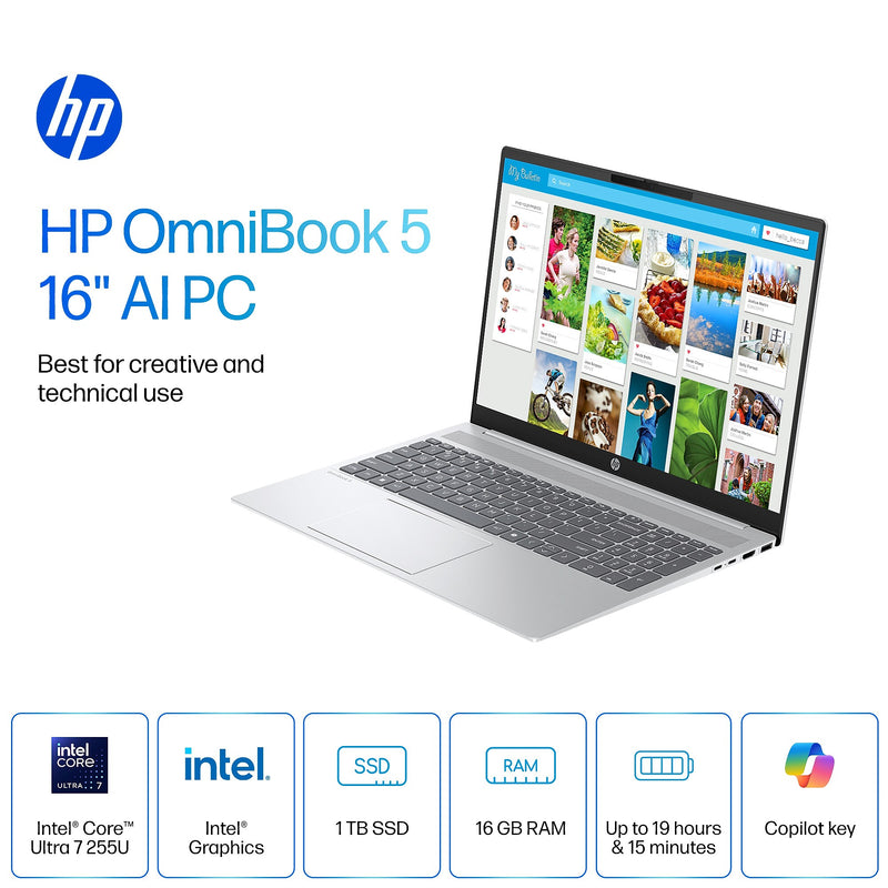 HP OmniBook 5 16" 2K AI Laptop, Intel Core Ultra 7 255U, 16GB RAM, 1TB SSD, +19.25 hours battery, Windows 11 Home