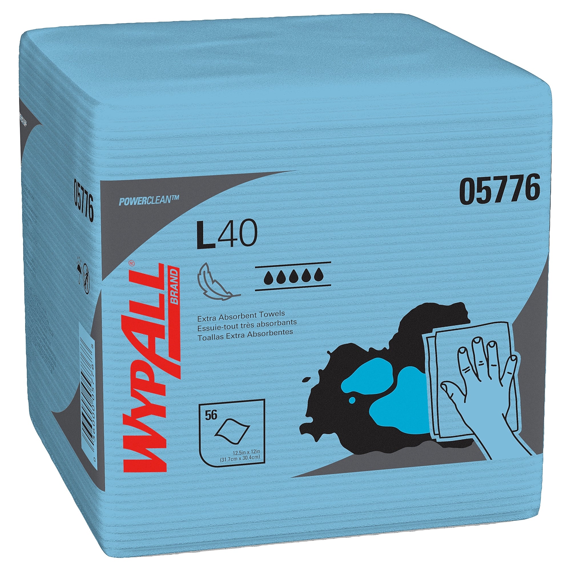 WypAll PoweClean L40 Towels, 12.5" x 12", Blue, 56 Sheets/Pack, 12 Packs/Carton (05776)