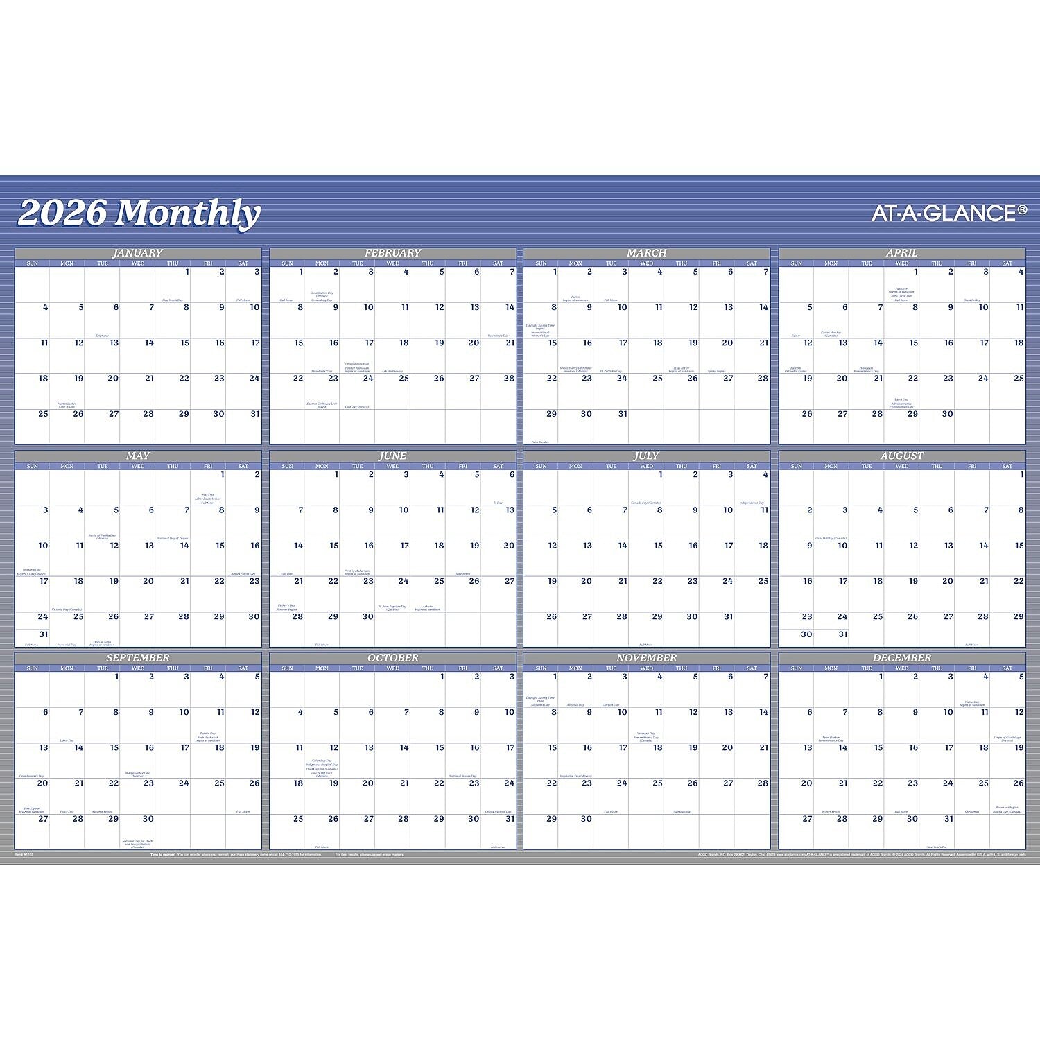 2026 AT-A-GLANCE 36" x 24" Yearly Dry-Erase Wall Calendar, Reversible, White/Blue (A1102-26)
