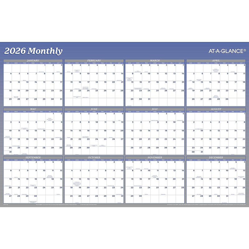 2026 AT-A-GLANCE 36" x 24" Yearly Dry-Erase Wall Calendar, Reversible, White/Blue (A1102-26)