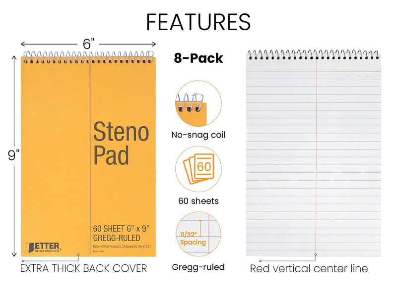 Better Office Steno Pad, 6" x 9", Gregg-Ruled, Yellow, 60 Sheets/Pad, 8 Pads/Pack (25808-8PK)
