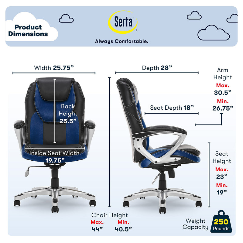 Serta Amplify Ergonomic Faux Leather Swivel Executive Chair, Blue (43673B)