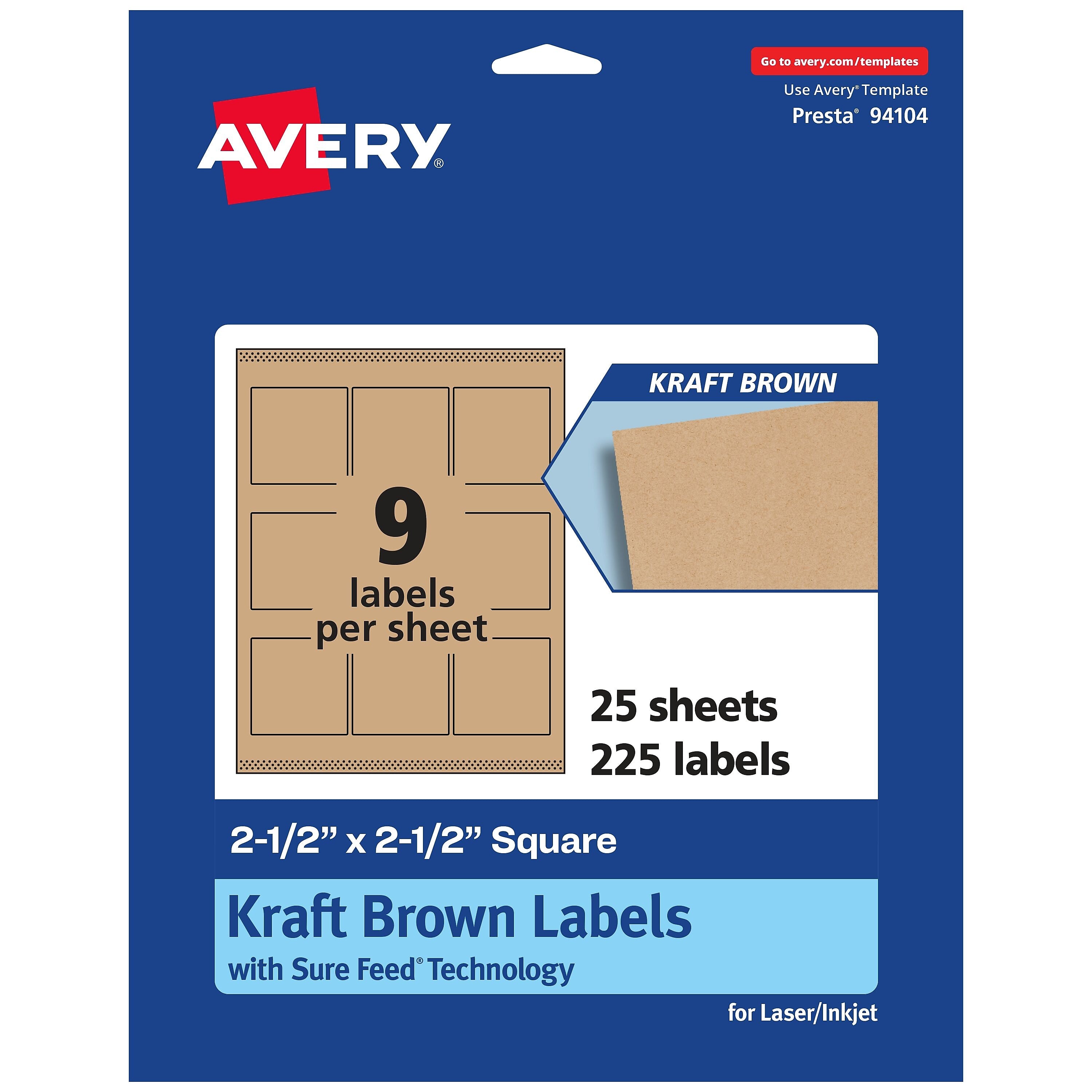 Avery Square Labels, 2.5" x 2.5", Kraft Brown, 225 Labels/Pack (94104)
