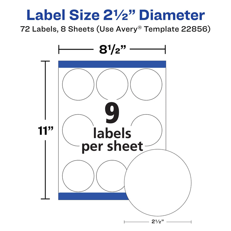 Avery Waterproof Laser/Inkjet Round Labels, 2 1/2" Dia, White, 72 Labels/Pack (22856)