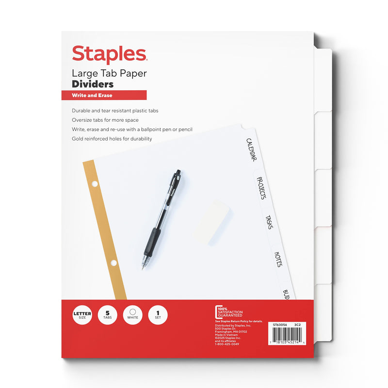 Staples Write & Erase Paper Dividers, White, 5-Tabs (ST63056)