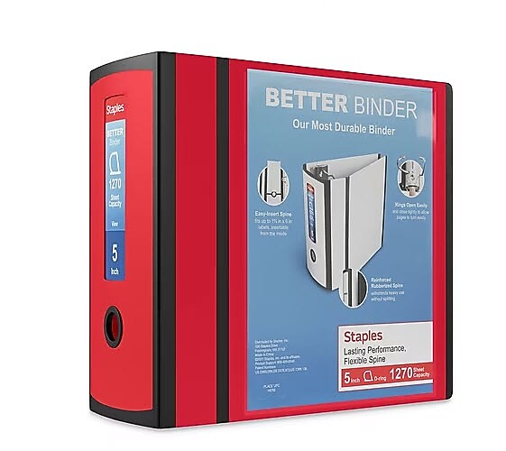 Staples 5" 3-Ring Better Binder, D-Ring, Red (ST55818-CC)