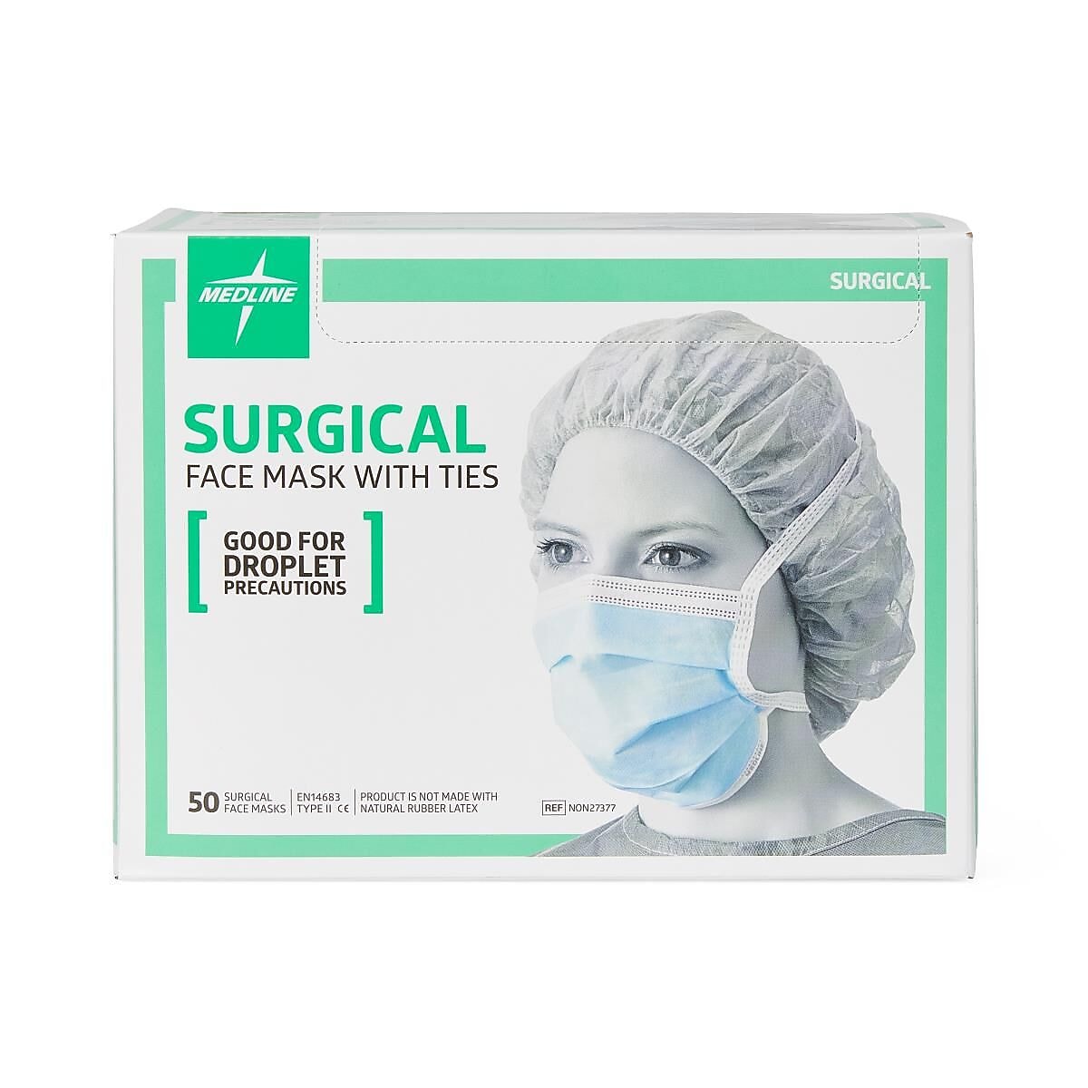 Medline Disposable Surgical Face Masks with Ties, One Size, Blue, 50/Box (NON27377Z)
