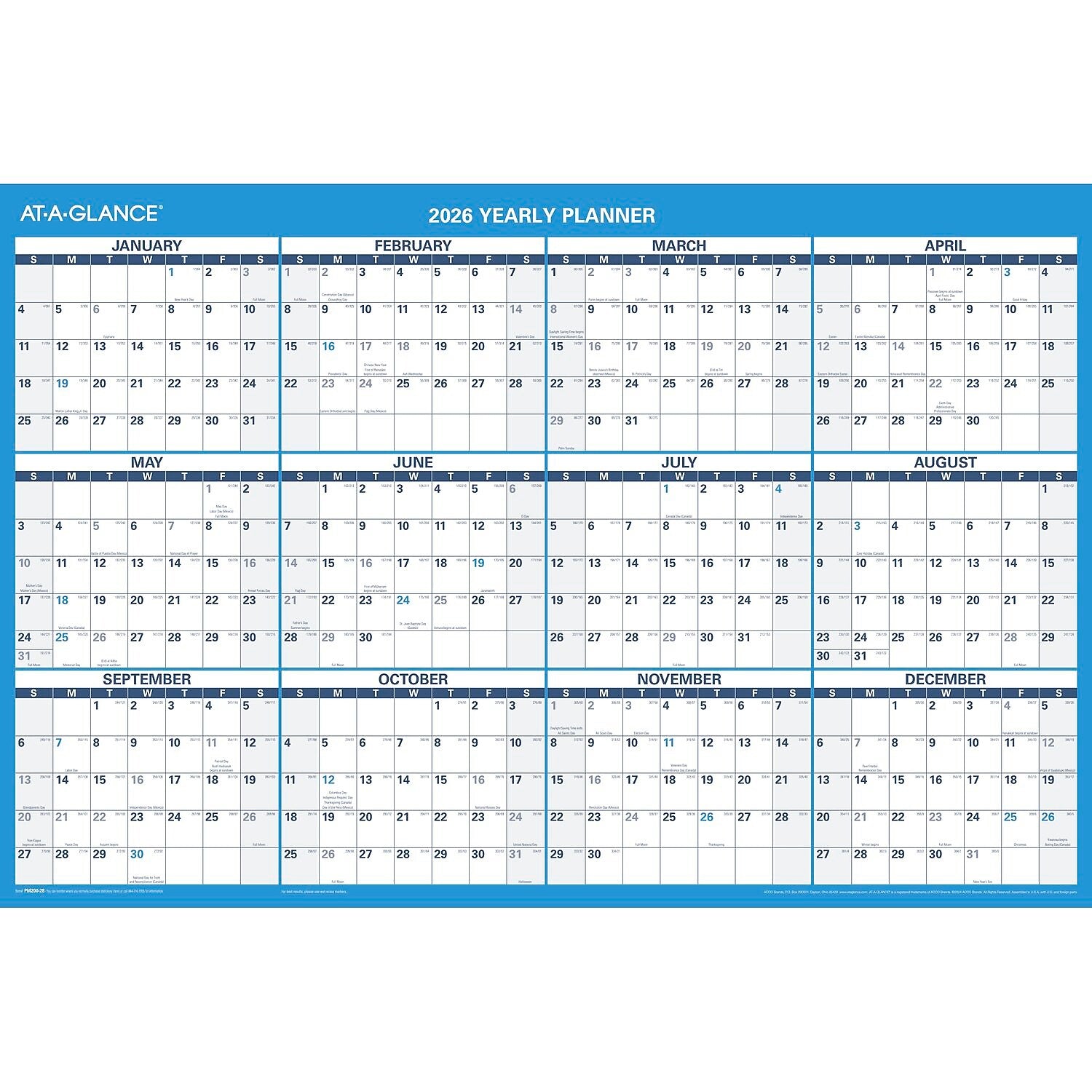2026 AT-A-GLANCE 36" x 24" Yearly Dry Erase Wall Calendar, Reversible, White/Blue (PM200-28-26)