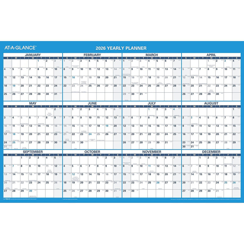 2026 AT-A-GLANCE 36" x 24" Yearly Dry Erase Wall Calendar, Reversible, White/Blue (PM200-28-26)
